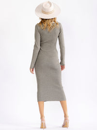 WOMEN'S LONG SLEEVE V-NECK BUTTON UP RIBBED BODYCON MIDI DRESS