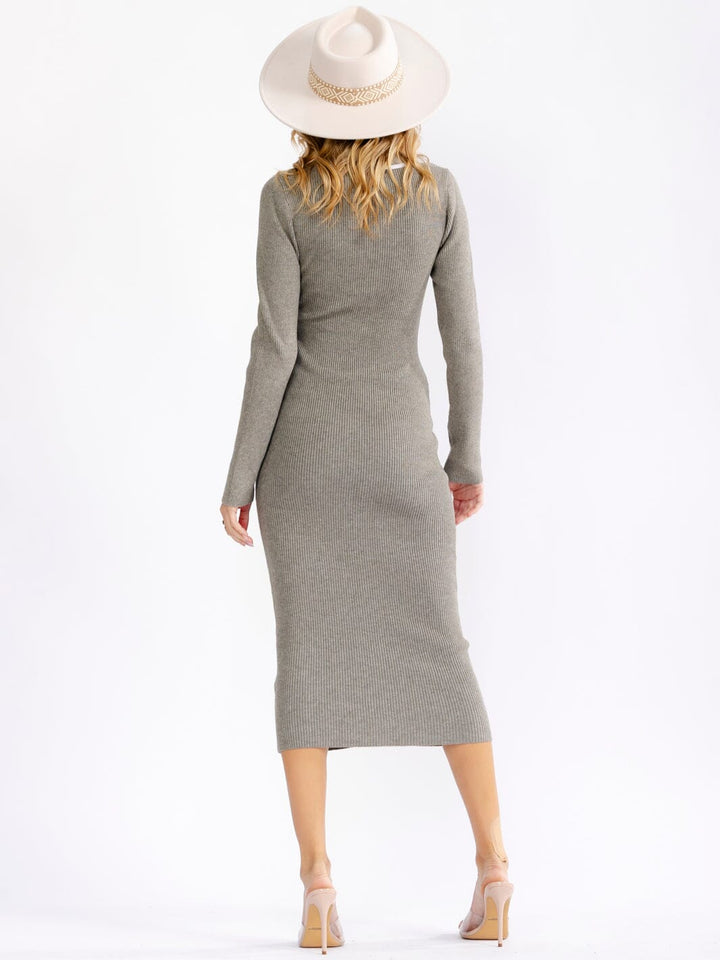 WOMEN'S LONG SLEEVE V-NECK BUTTON UP RIBBED BODYCON MIDI DRESS