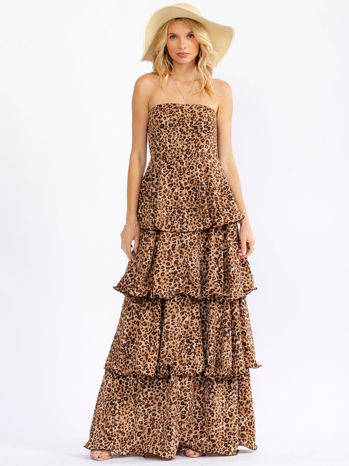 WOMEN'S SLEEVELESS RUFFLE TIERED ANIMAL PRINT TUBE MAXI DRESS