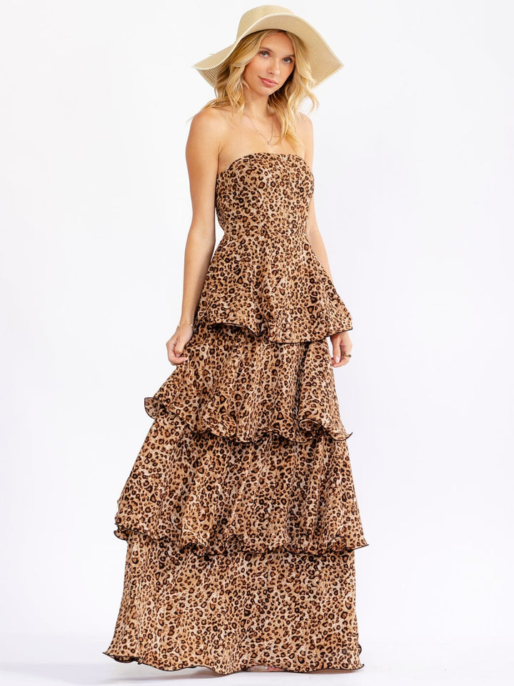 WOMEN'S SLEEVELESS RUFFLE TIERED ANIMAL PRINT TUBE MAXI DRESS