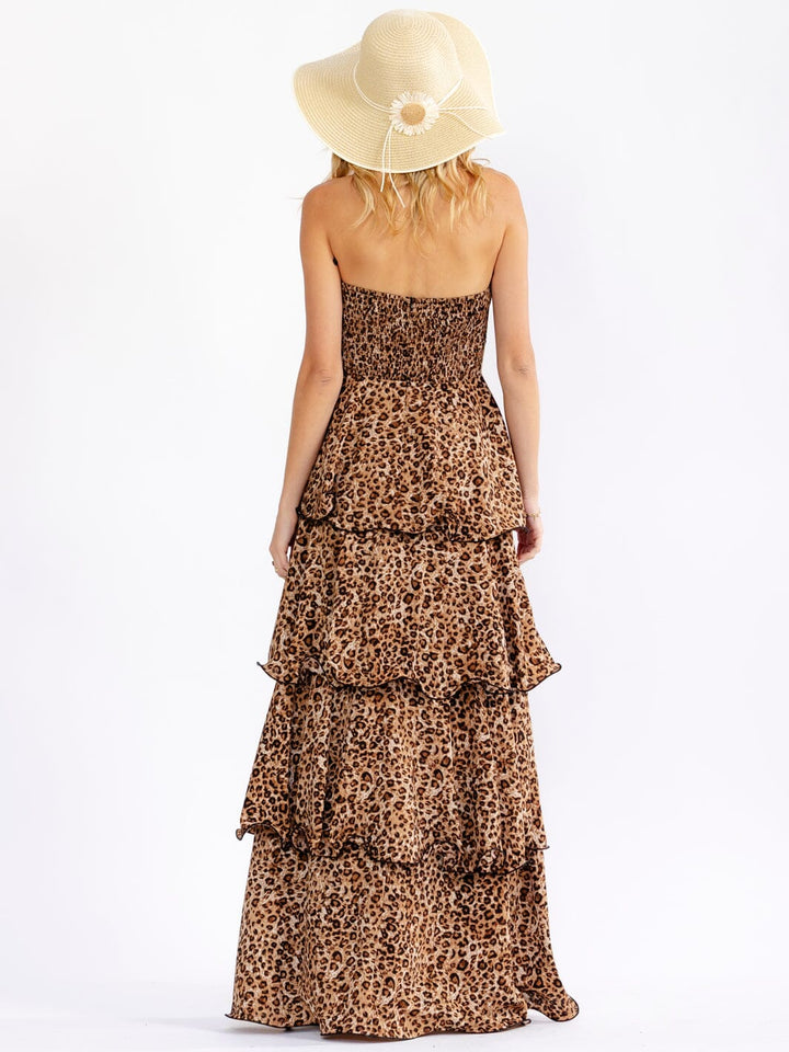 WOMEN'S SLEEVELESS RUFFLE TIERED ANIMAL PRINT TUBE MAXI DRESS