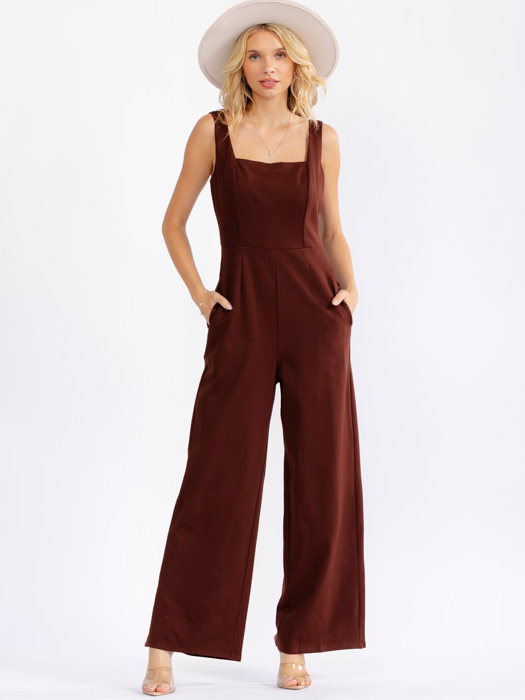 JUST ME WOMEN'S SLEEVELESS SQUARE NECK POCKETS WIDE LEG JUMPSUIT