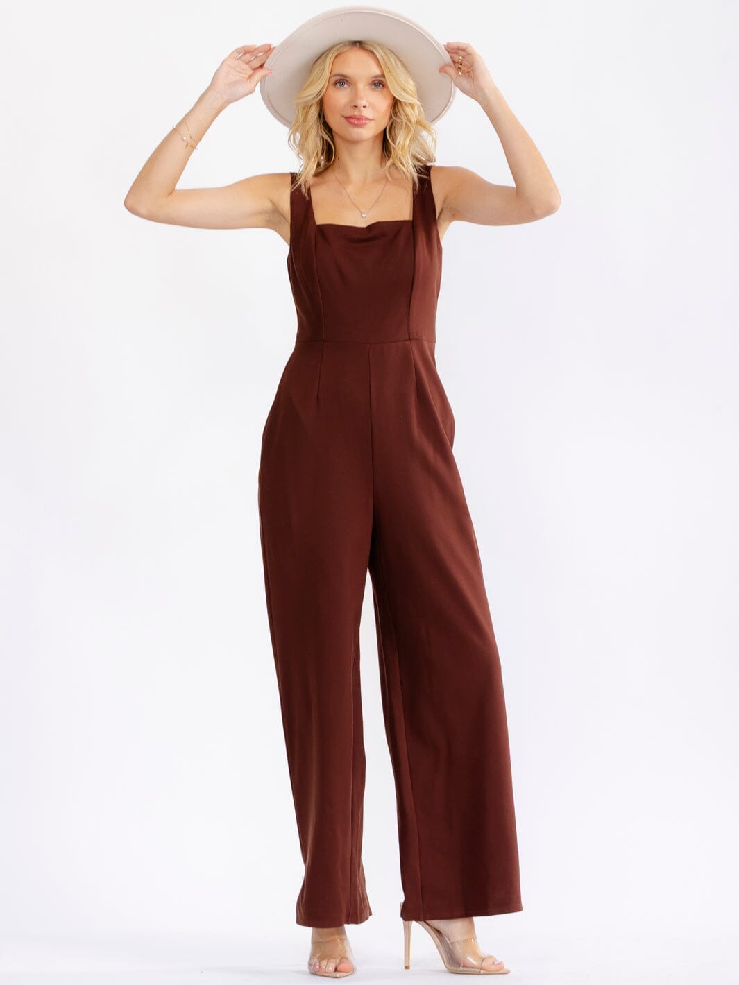 JUST ME WOMEN'S SLEEVELESS SQUARE NECK POCKETS WIDE LEG JUMPSUIT