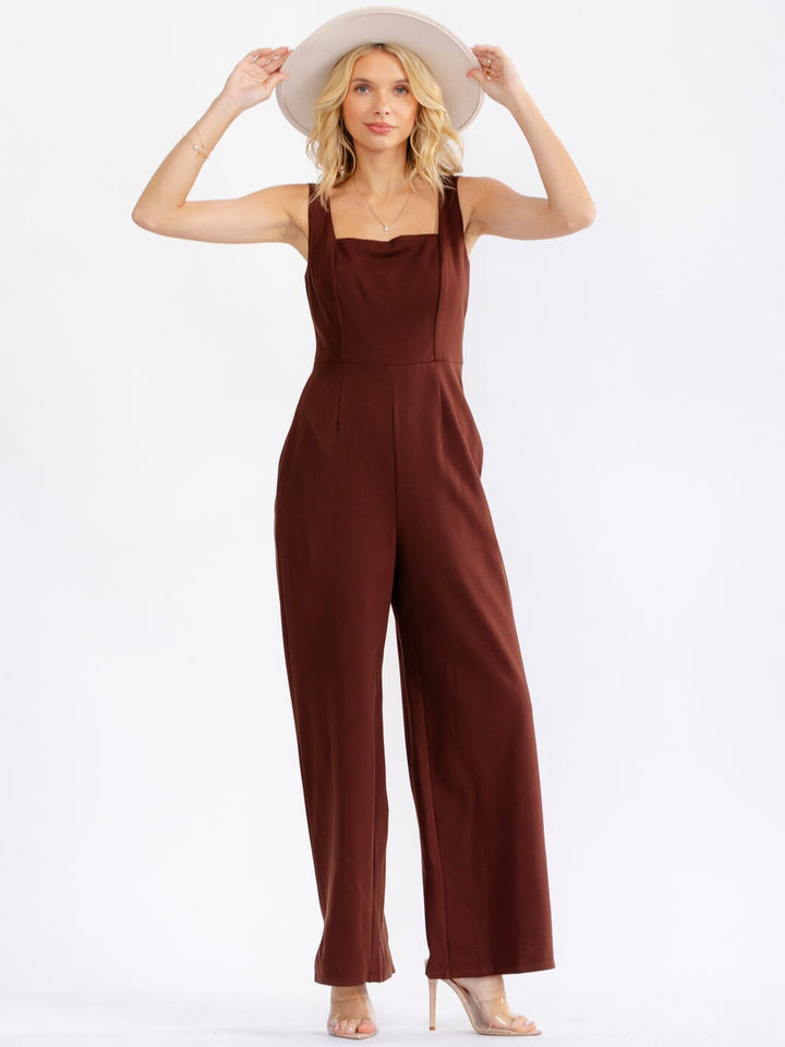 JUST ME WOMEN'S SLEEVELESS SQUARE NECK POCKETS WIDE LEG JUMPSUIT