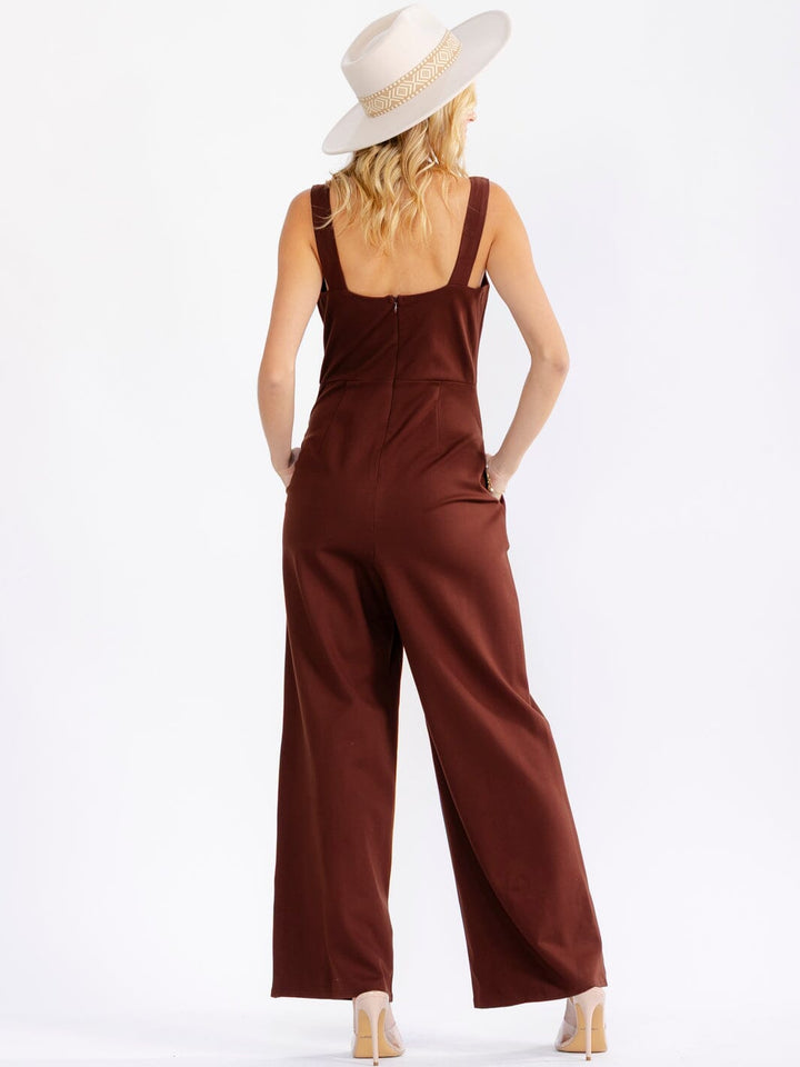 JUST ME WOMEN'S SLEEVELESS SQUARE NECK POCKETS WIDE LEG JUMPSUIT