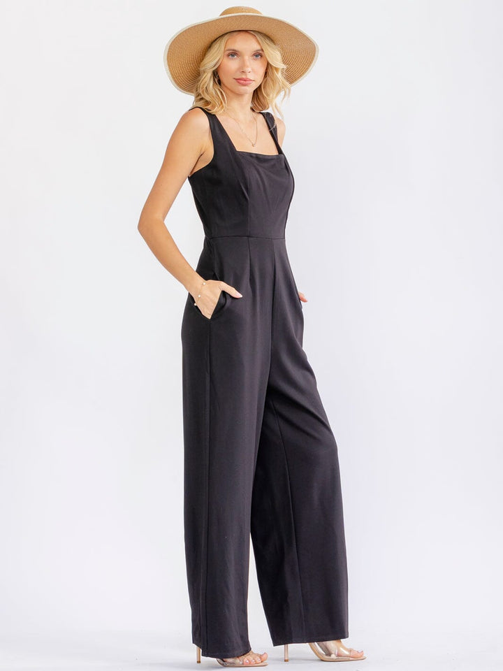 JUST ME WOMEN'S SLEEVELESS SQUARE NECK POCKETS WIDE LEG JUMPSUIT