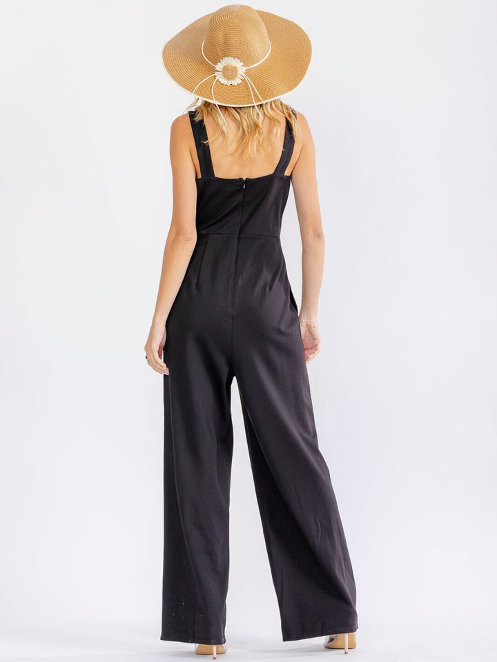 JUST ME WOMEN'S SLEEVELESS SQUARE NECK POCKETS WIDE LEG JUMPSUIT