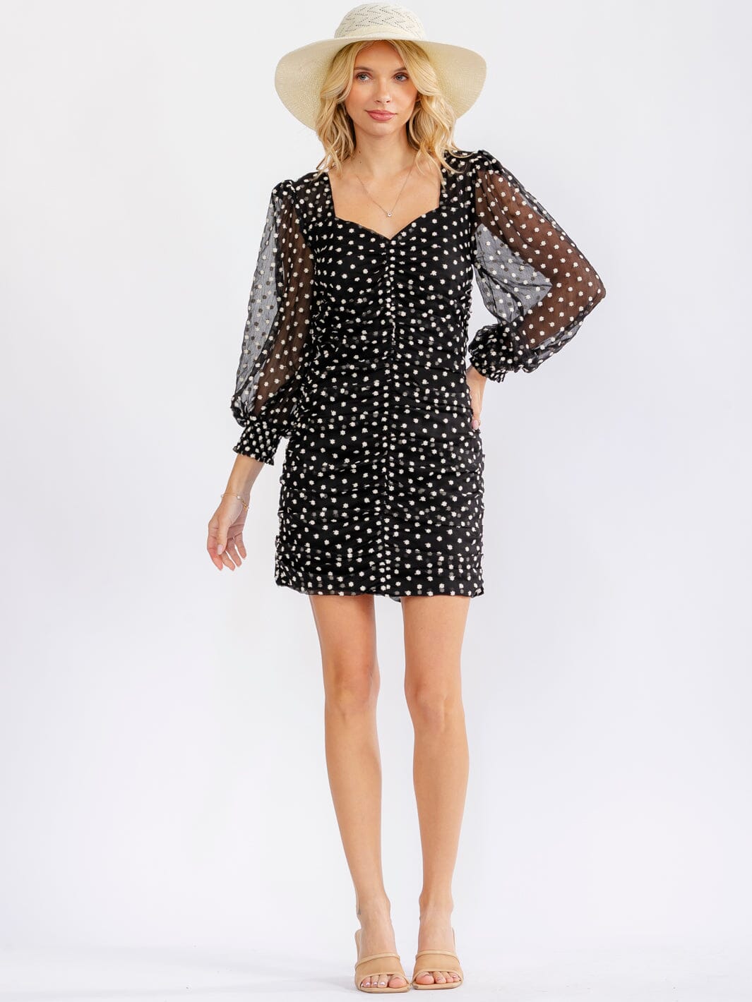JUST ME WOMEN'S LONG SLEEVE RUCHED BODYCON STITCHED FLORAL MINI DRESS
