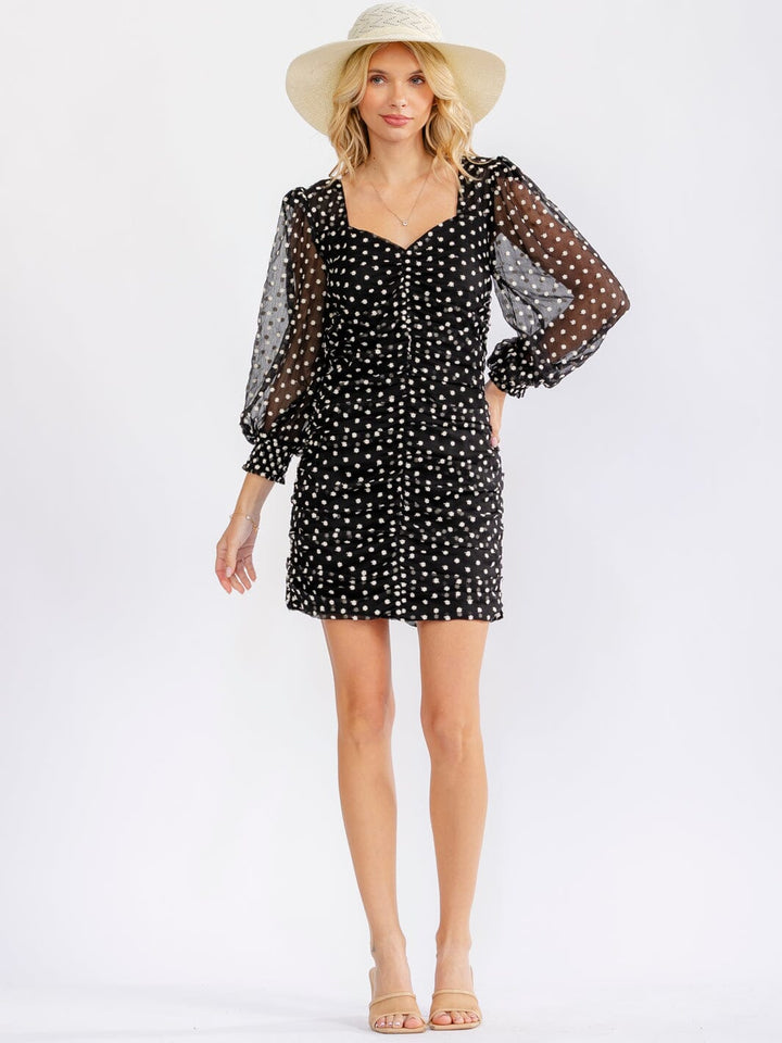 JUST ME WOMEN'S LONG SLEEVE RUCHED BODYCON STITCHED FLORAL MINI DRESS