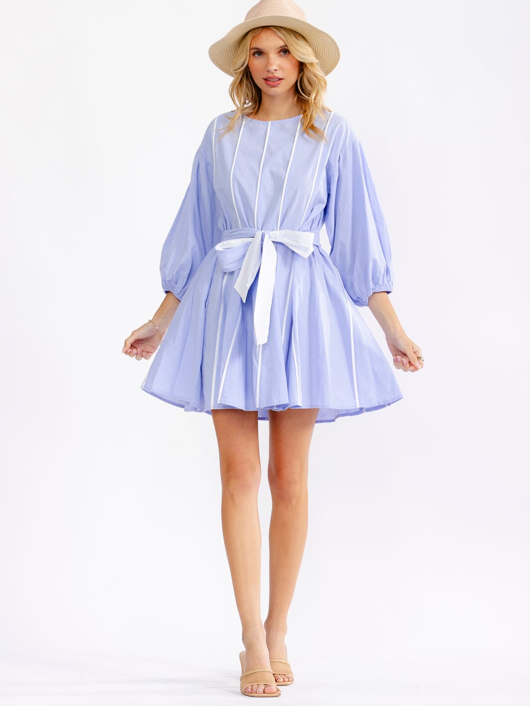WOMEN'S 3/4 SLEEVES SELF TIE FIT & FLARE MINI DRESS
