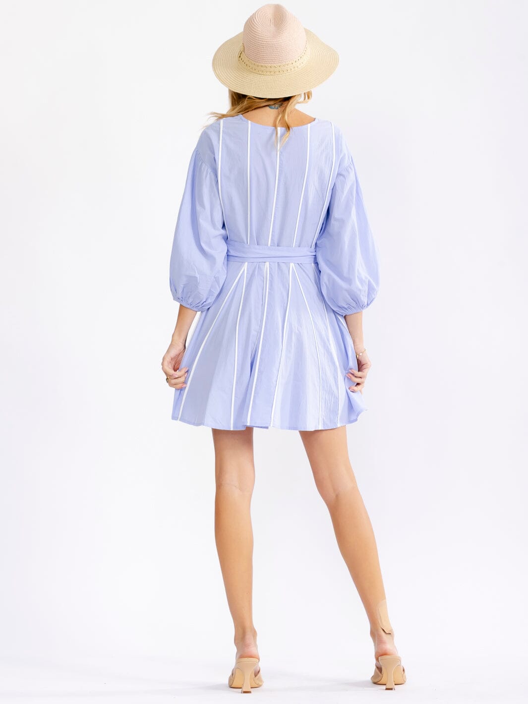 WOMEN'S 3/4 SLEEVES SELF TIE FIT & FLARE MINI DRESS