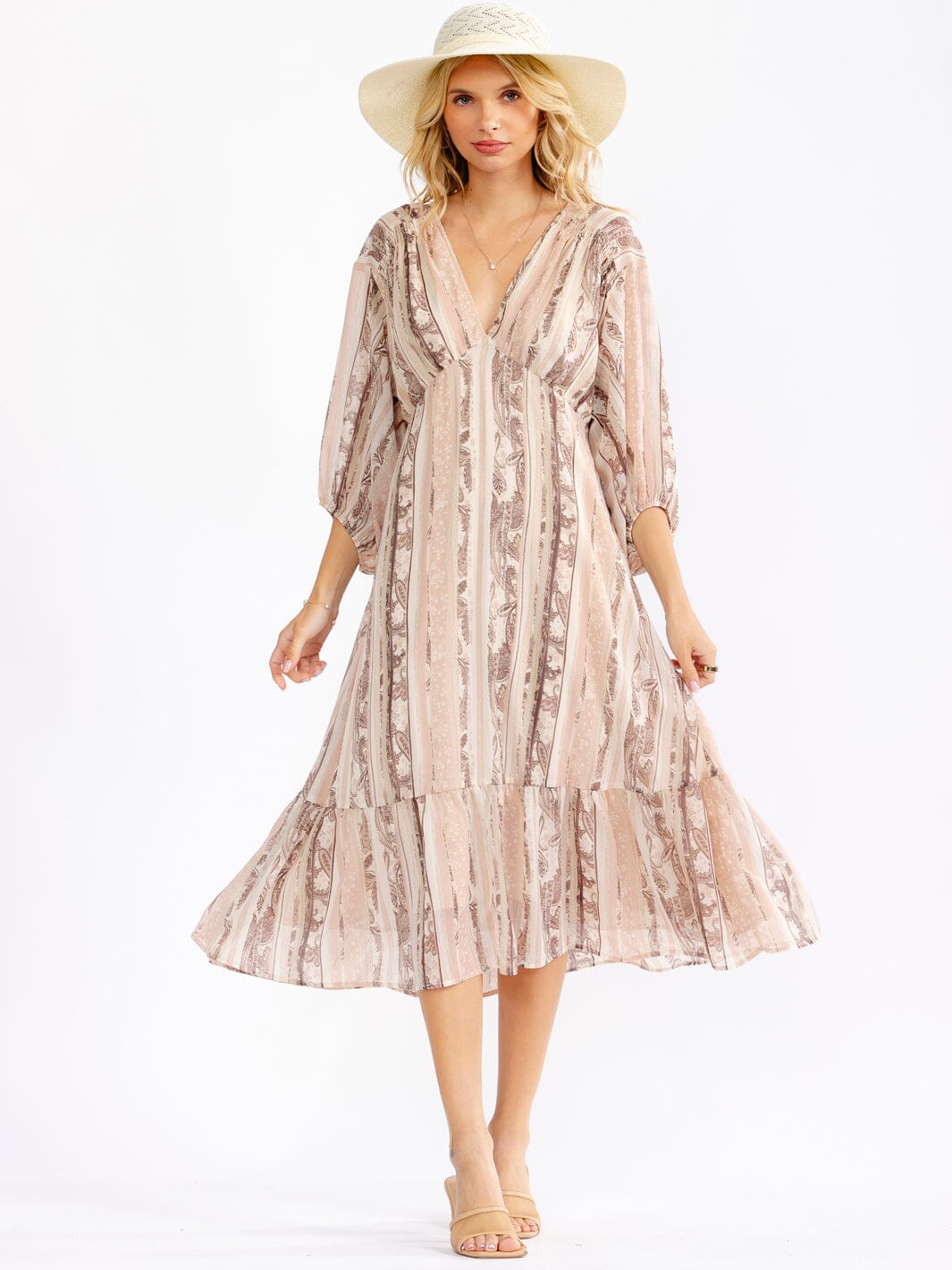 WOMEN'S 3/4 V-NECK ELASTIC WAIST MULTI PRINT MIDI DRESS