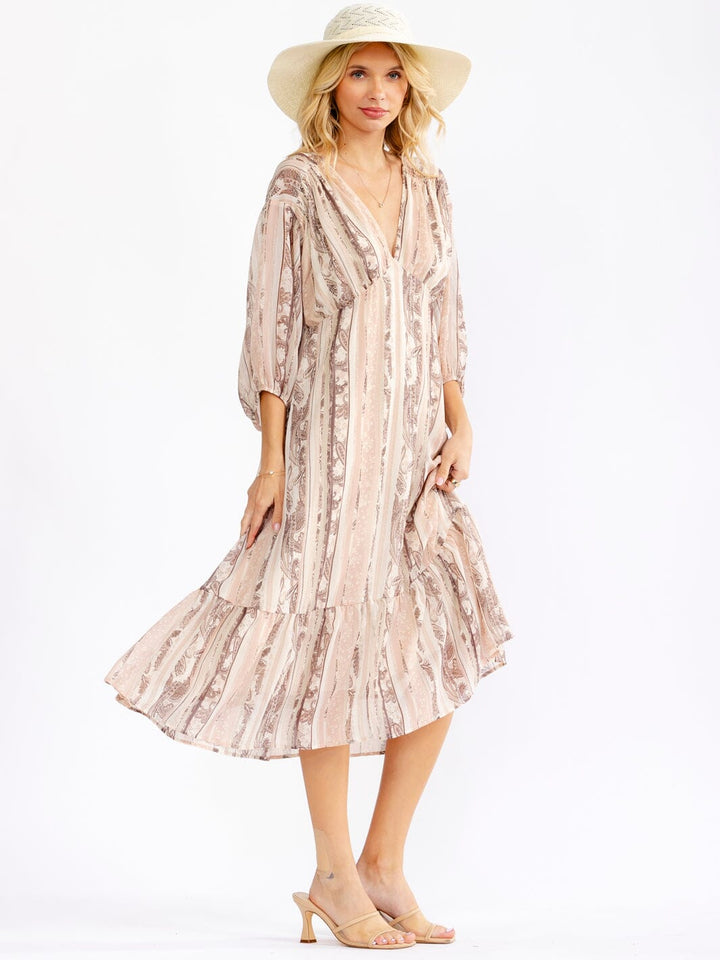 WOMEN'S 3/4 V-NECK ELASTIC WAIST MULTI PRINT MIDI DRESS