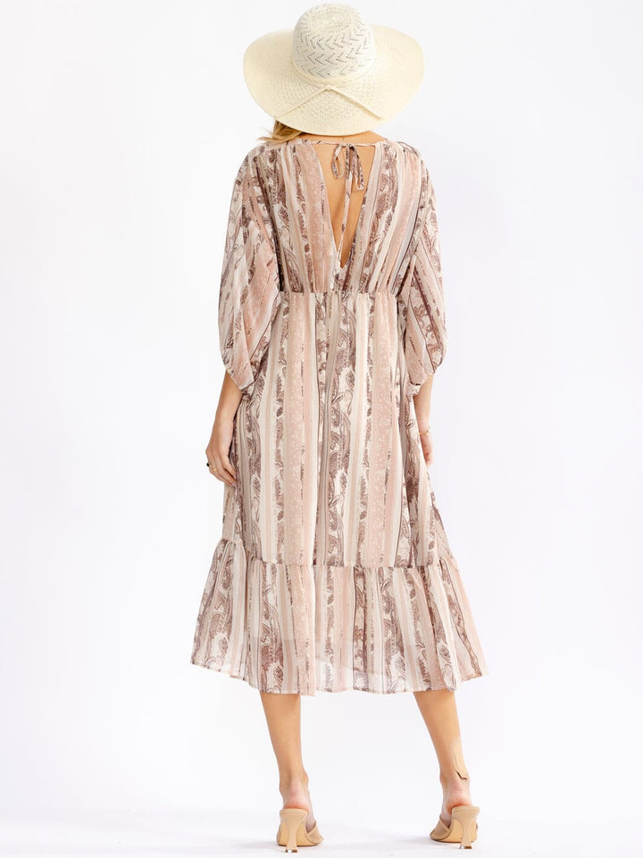 WOMEN'S 3/4 V-NECK ELASTIC WAIST MULTI PRINT MIDI DRESS