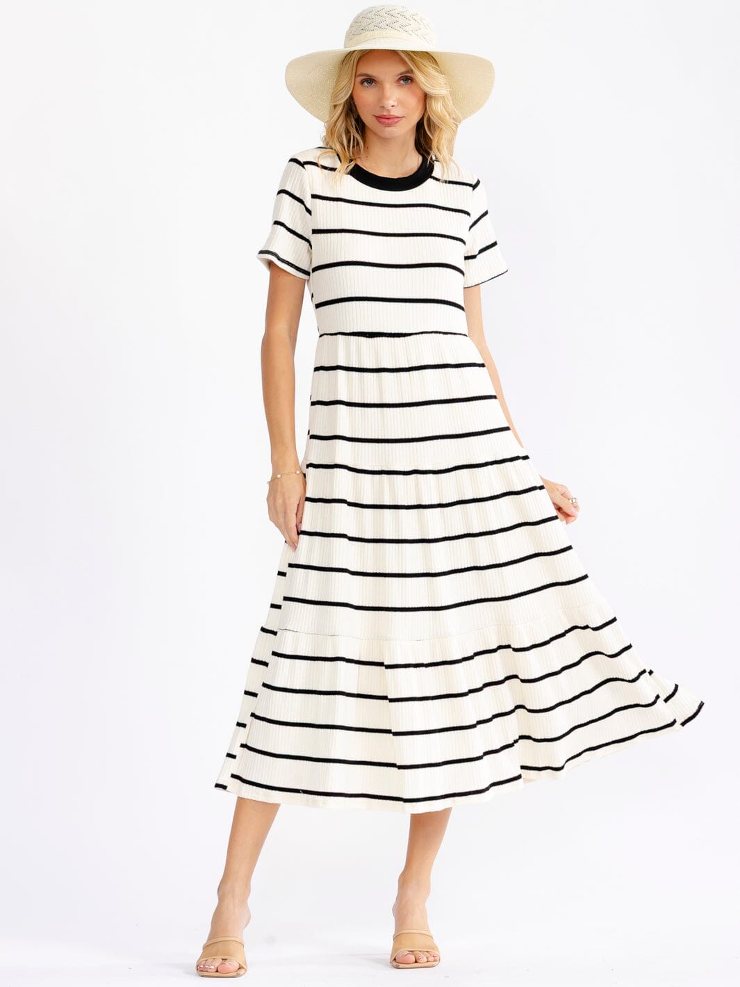 WOMEN'S SHORT SLEEVE COLORBLOCK STRIPES TIERED RIBBED MAXI DRESS