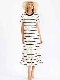 WOMEN'S SHORT SLEEVE COLORBLOCK STRIPES TIERED RIBBED MAXI DRESS