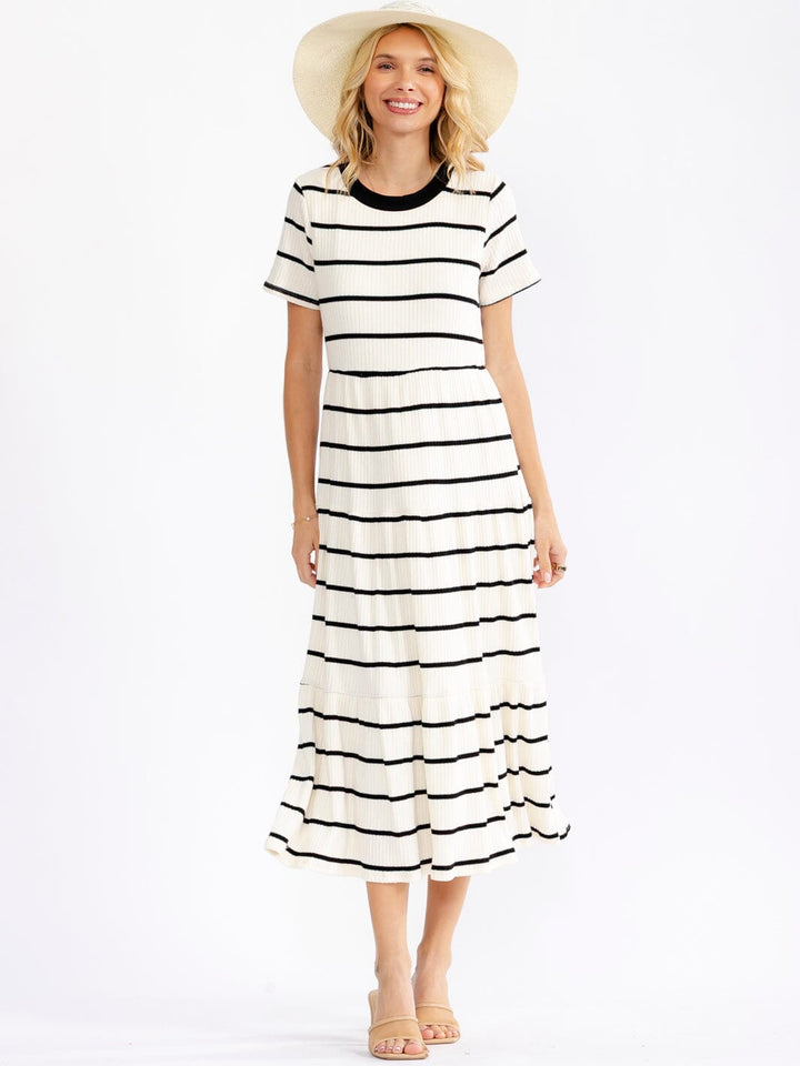 WOMEN'S SHORT SLEEVE COLORBLOCK STRIPES TIERED RIBBED MAXI DRESS