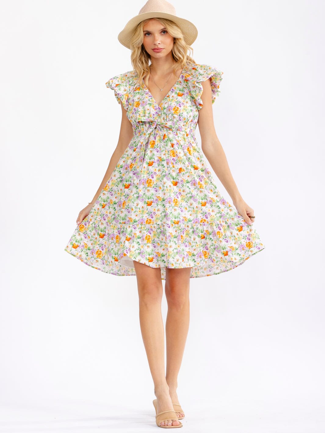 WOMEN'S RUFFLE SLEEVE V-NECK ELASTIC WAIST FLORAL PRINT MINI DRESS