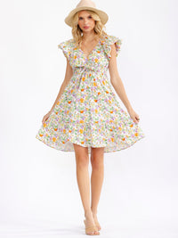 WOMEN'S RUFFLE SLEEVE V-NECK ELASTIC WAIST FLORAL PRINT MINI DRESS