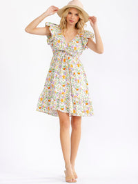 WOMEN'S RUFFLE SLEEVE V-NECK ELASTIC WAIST FLORAL PRINT MINI DRESS