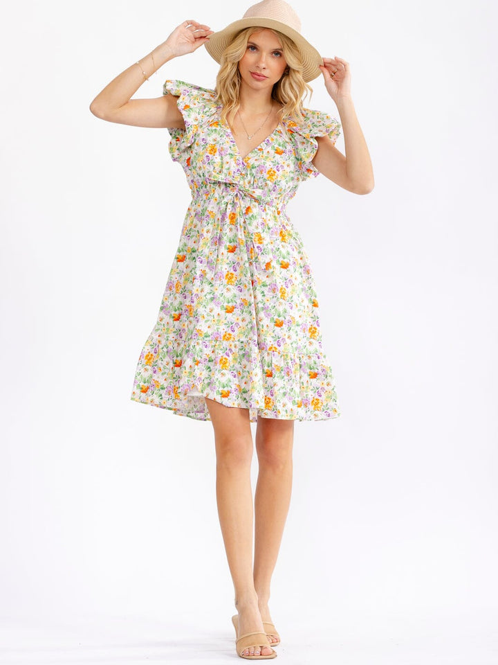 WOMEN'S RUFFLE SLEEVE V-NECK ELASTIC WAIST FLORAL PRINT MINI DRESS