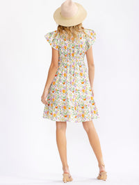 WOMEN'S RUFFLE SLEEVE V-NECK ELASTIC WAIST FLORAL PRINT MINI DRESS