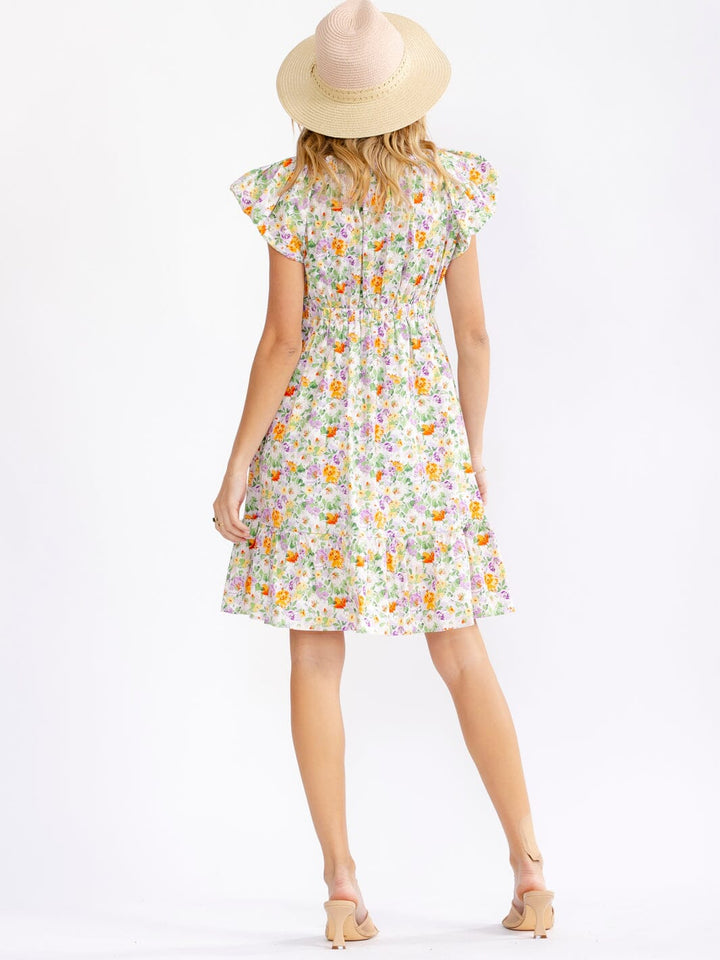 WOMEN'S RUFFLE SLEEVE V-NECK ELASTIC WAIST FLORAL PRINT MINI DRESS