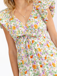 WOMEN'S RUFFLE SLEEVE V-NECK ELASTIC WAIST FLORAL PRINT MINI DRESS