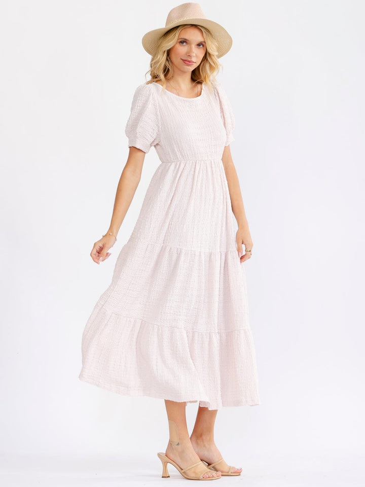 WOMEN'S SHORT SLEEVE FRONT POCKETS PARIS TEXTURE TIERED MAXI DRESS