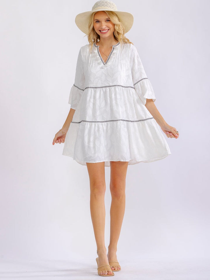 WOMEN'S SHORT SLEEVE V-NECK LOOSE FIT TIERED MINI DRESS