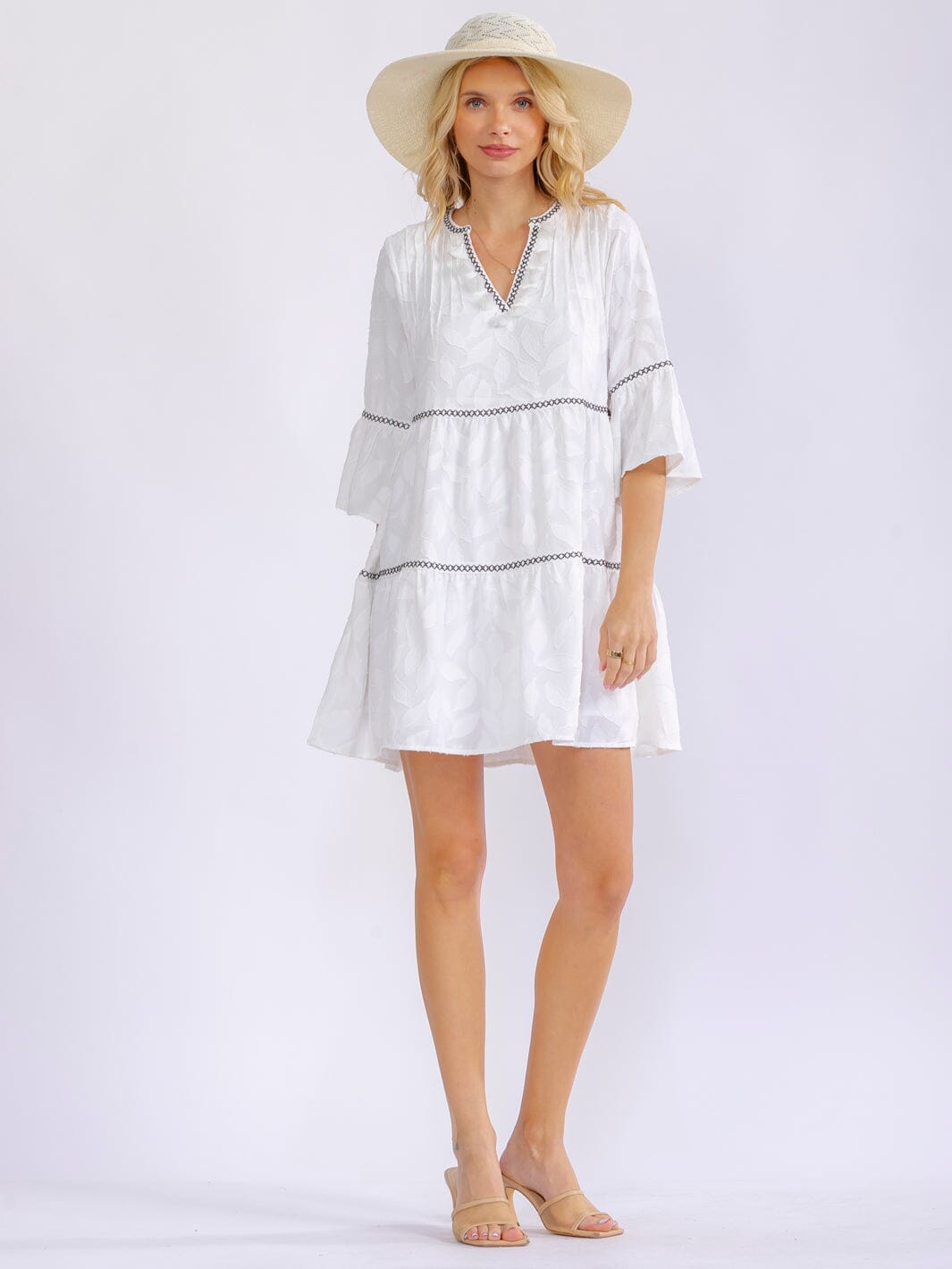 WOMEN'S SHORT SLEEVE V-NECK LOOSE FIT TIERED MINI DRESS