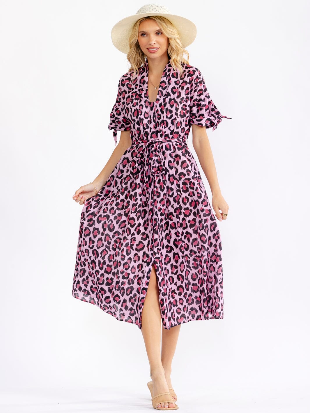 WOMEN'S SHORT SLEEVE V-NECK BUTTON UP SELF TIE FRONT POCKETS ANIMAL PRINT MIDI DRESS