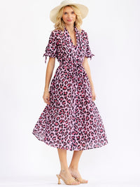 WOMEN'S SHORT SLEEVE V-NECK BUTTON UP SELF TIE FRONT POCKETS ANIMAL PRINT MIDI DRESS