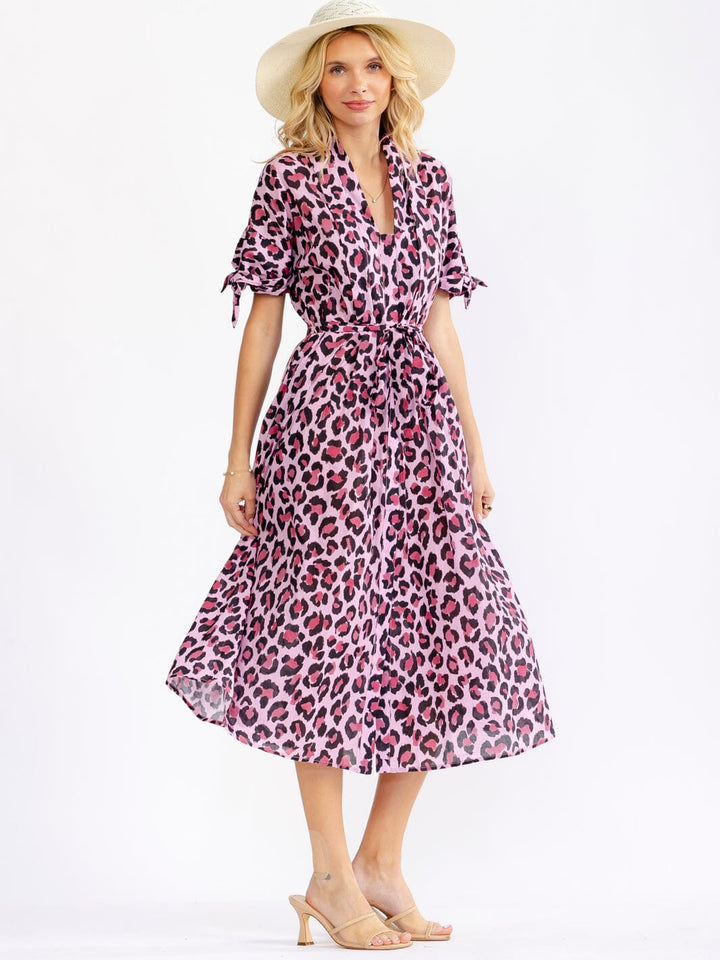 WOMEN'S SHORT SLEEVE V-NECK BUTTON UP SELF TIE FRONT POCKETS ANIMAL PRINT MIDI DRESS