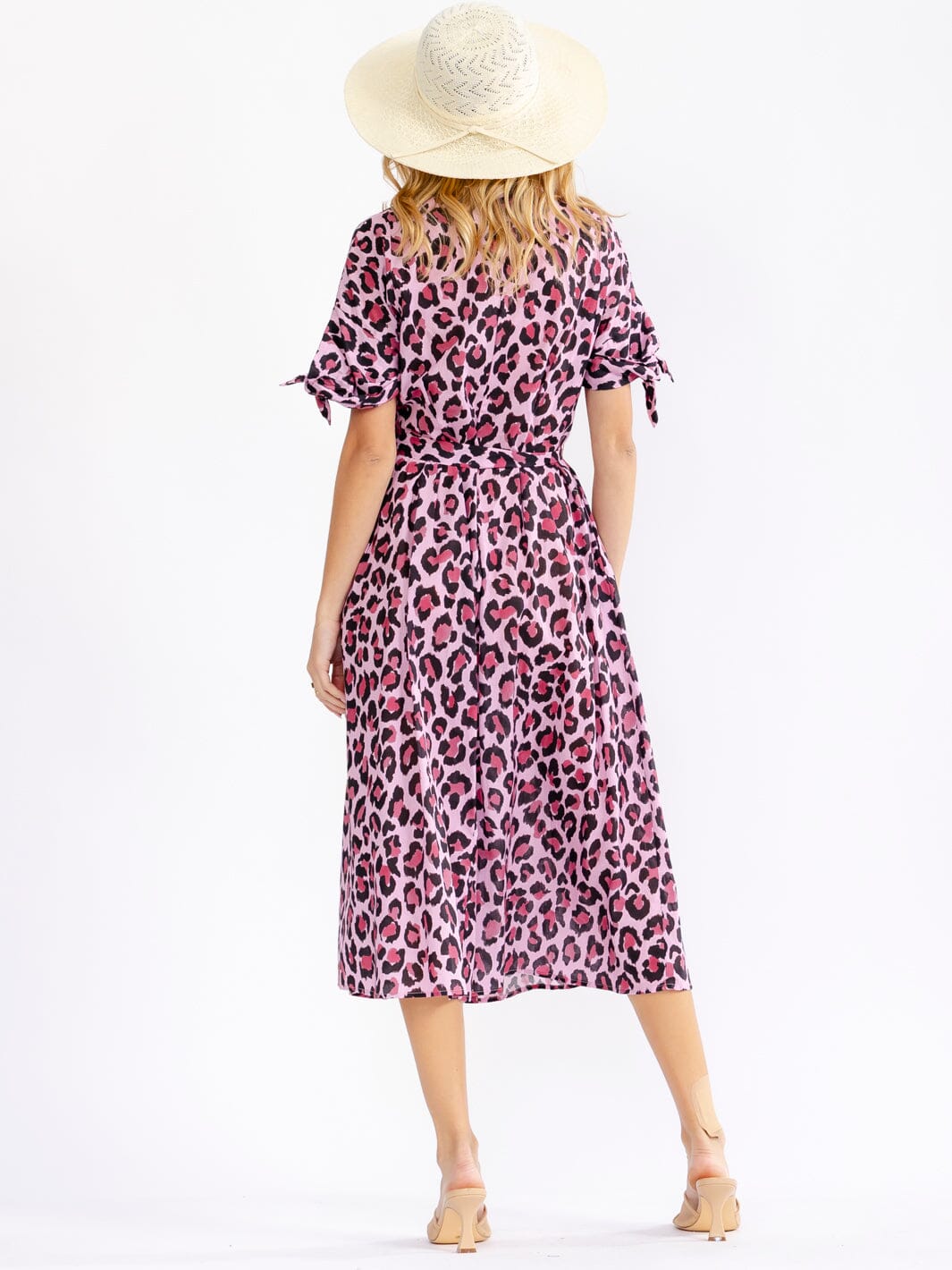 WOMEN'S SHORT SLEEVE V-NECK BUTTON UP SELF TIE FRONT POCKETS ANIMAL PRINT MIDI DRESS