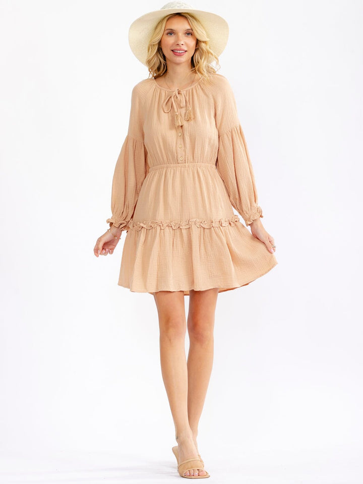 WOMEN'S LONG SLEEVE BUTTON UP ELASTIC WAIST TIERED MINI DRESS