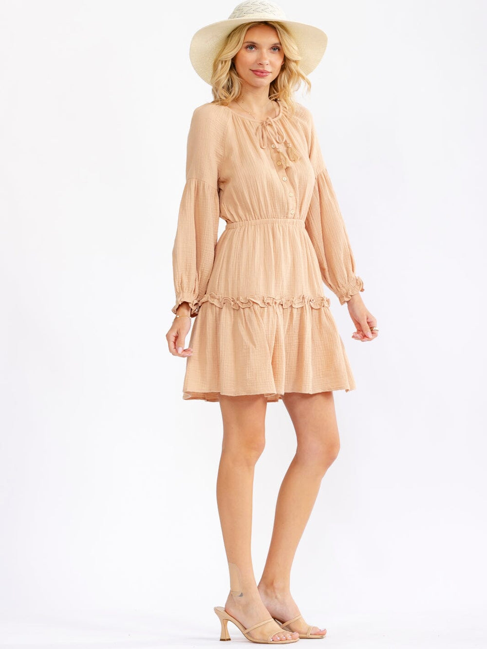 WOMEN'S LONG SLEEVE BUTTON UP ELASTIC WAIST TIERED MINI DRESS