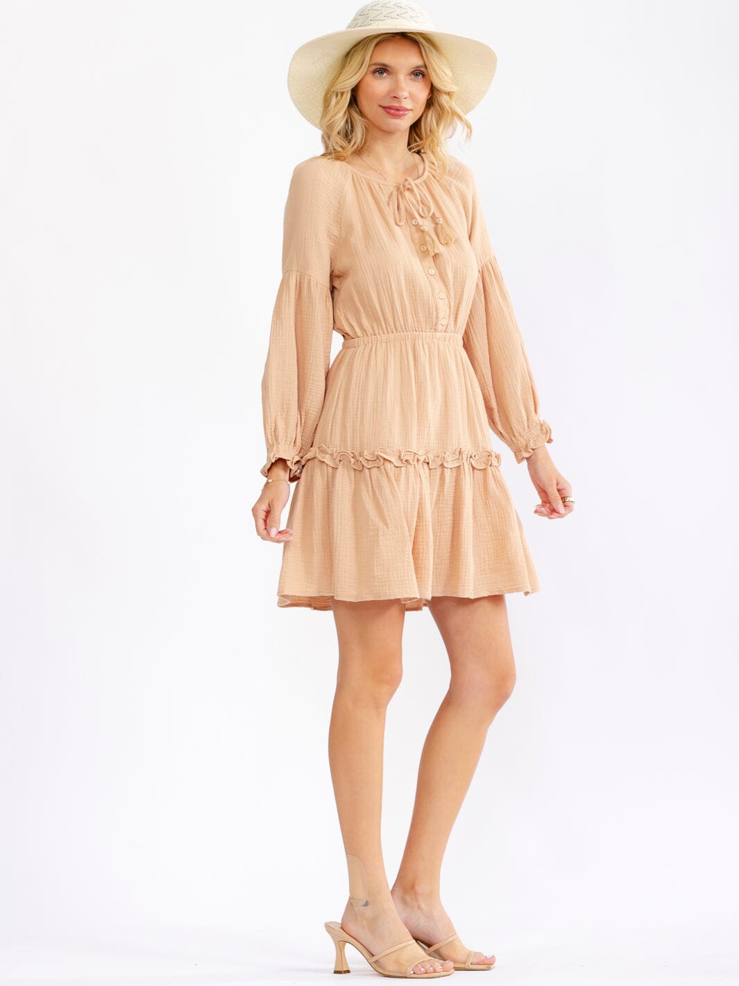 WOMEN'S LONG SLEEVE BUTTON UP ELASTIC WAIST TIERED MINI DRESS