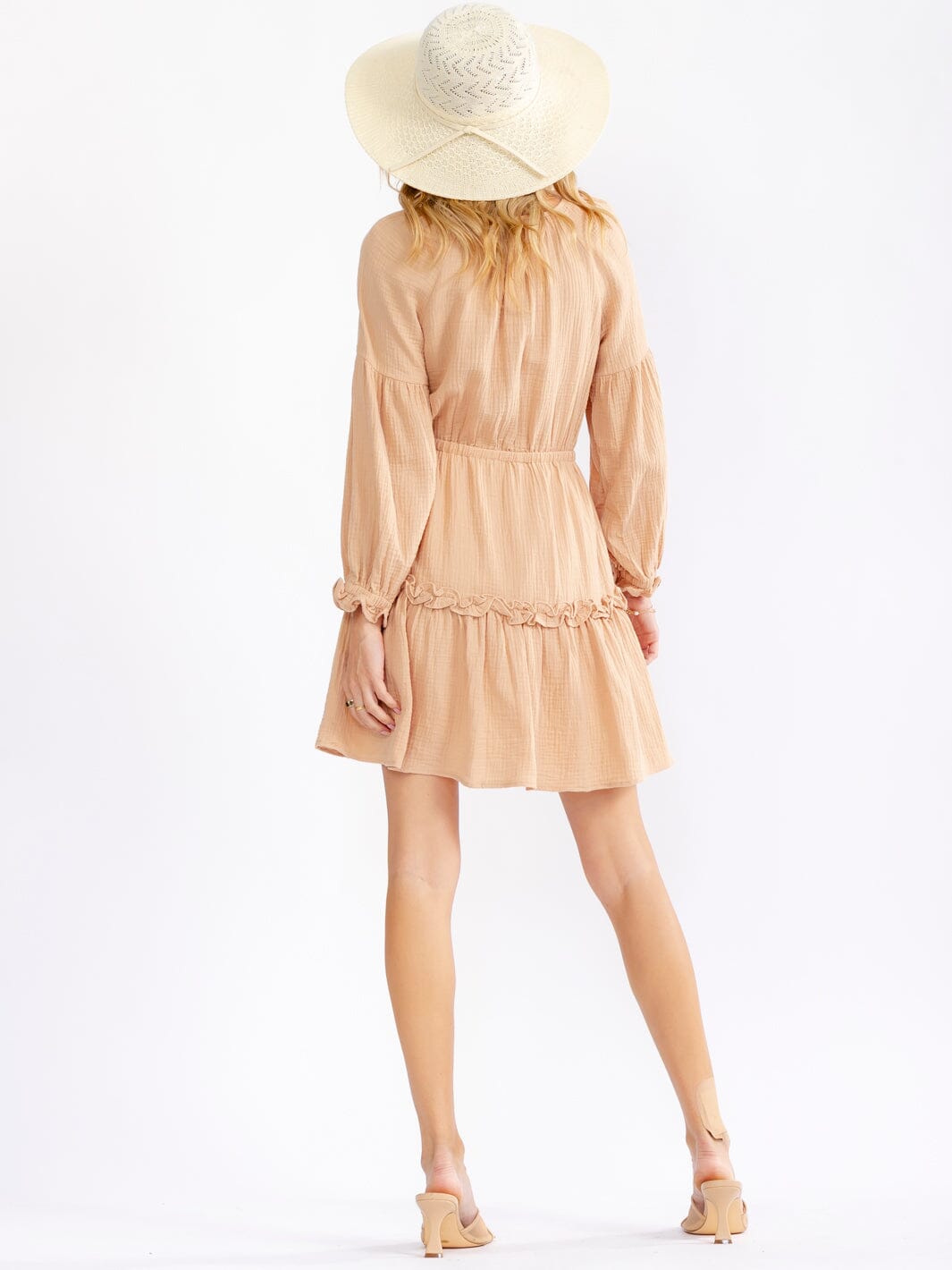 WOMEN'S LONG SLEEVE BUTTON UP ELASTIC WAIST TIERED MINI DRESS