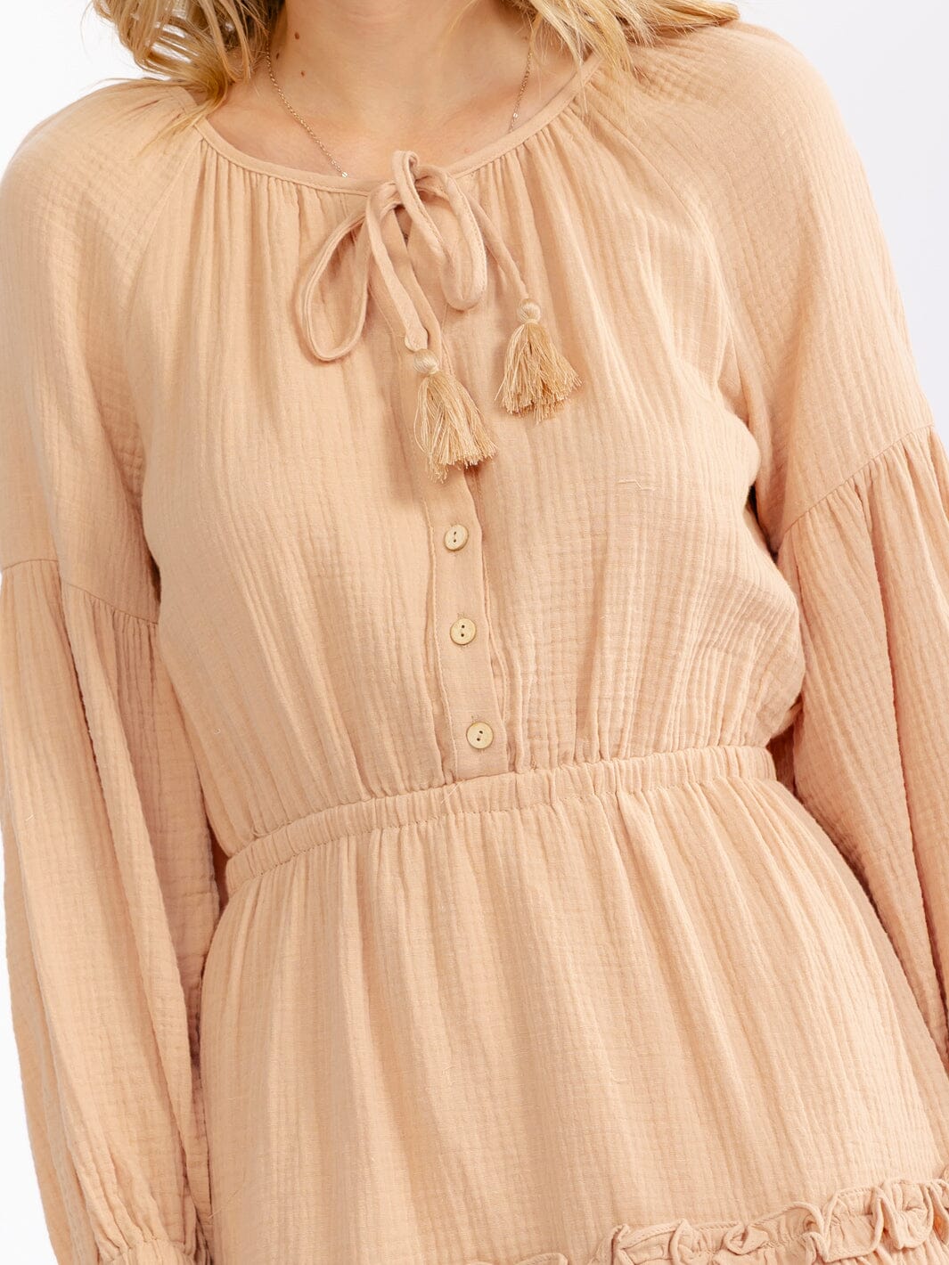 WOMEN'S LONG SLEEVE BUTTON UP ELASTIC WAIST TIERED MINI DRESS
