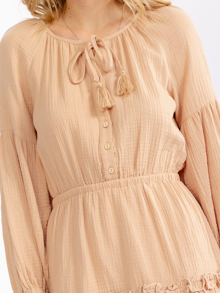 WOMEN'S LONG SLEEVE BUTTON UP ELASTIC WAIST TIERED MINI DRESS