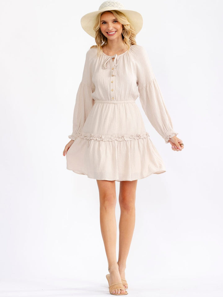 WOMEN'S LONG SLEEVE BUTTON UP ELASTIC WAIST TIERED MINI DRESS