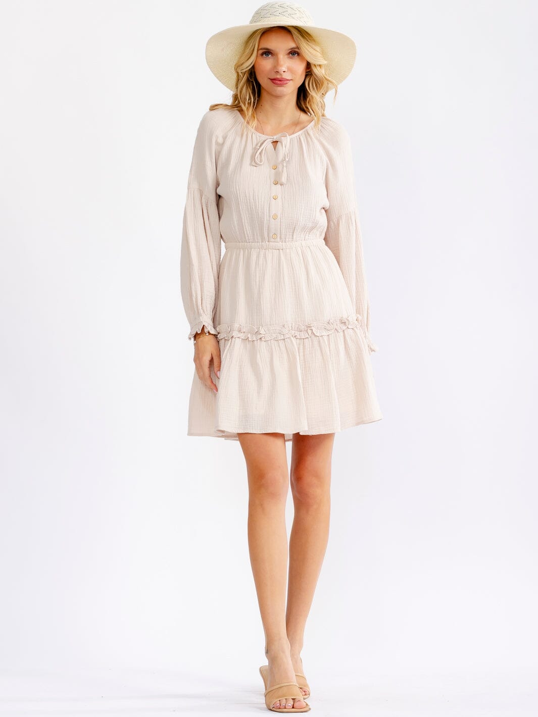WOMEN'S LONG SLEEVE BUTTON UP ELASTIC WAIST TIERED MINI DRESS