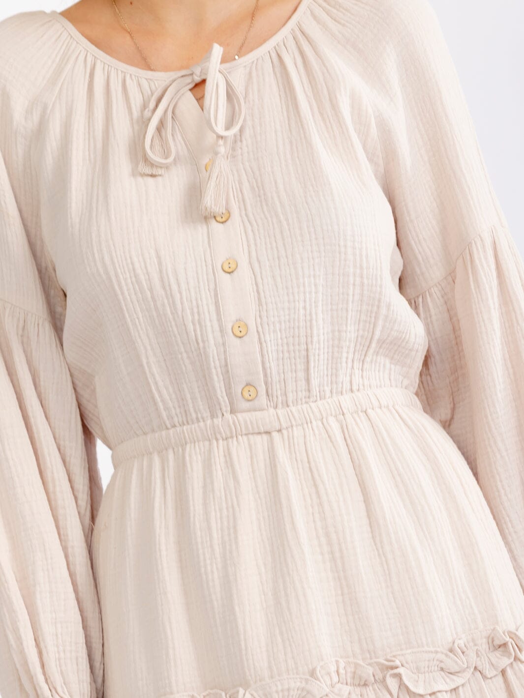 WOMEN'S LONG SLEEVE BUTTON UP ELASTIC WAIST TIERED MINI DRESS