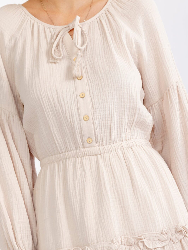 WOMEN'S LONG SLEEVE BUTTON UP ELASTIC WAIST TIERED MINI DRESS