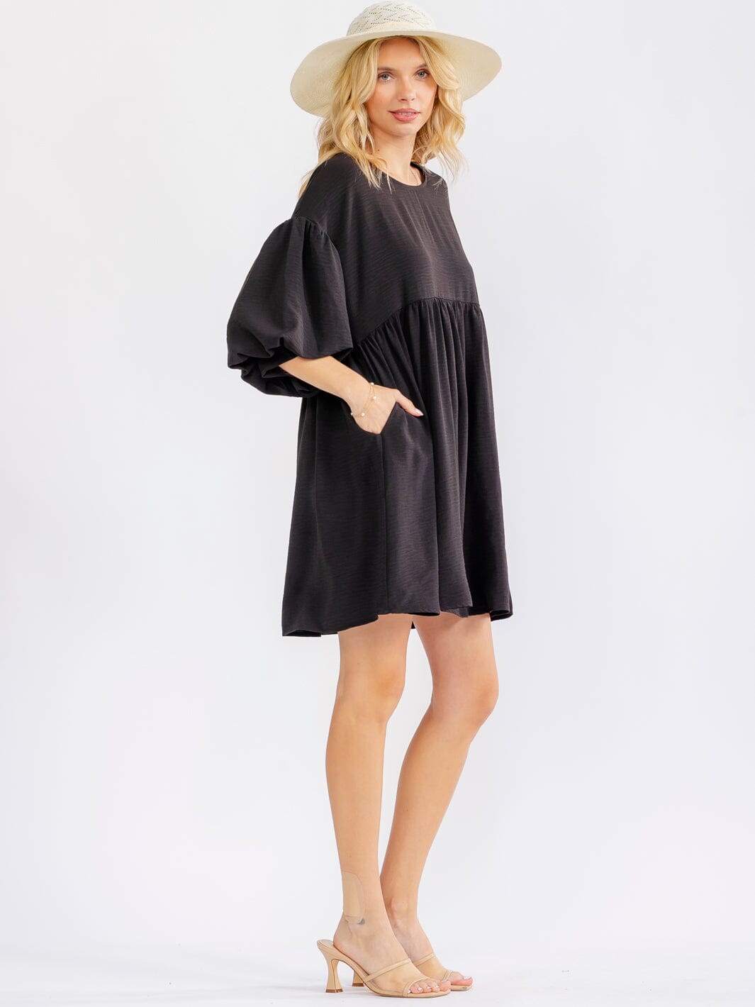 WOMEN'S SHORT PUFF SLEEVE POCKETS TIERED TUNIC MINI DRESS
