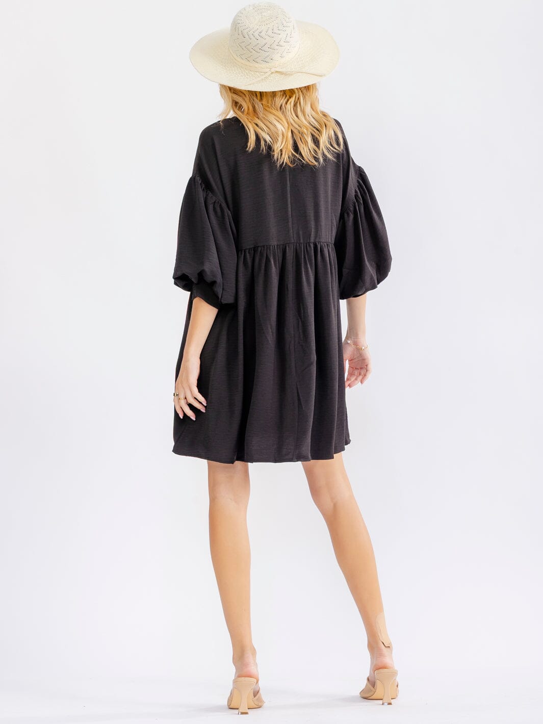 WOMEN'S SHORT PUFF SLEEVE POCKETS TIERED TUNIC MINI DRESS