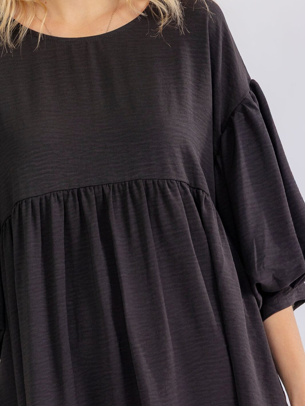 WOMEN'S SHORT PUFF SLEEVE POCKETS TIERED TUNIC MINI DRESS