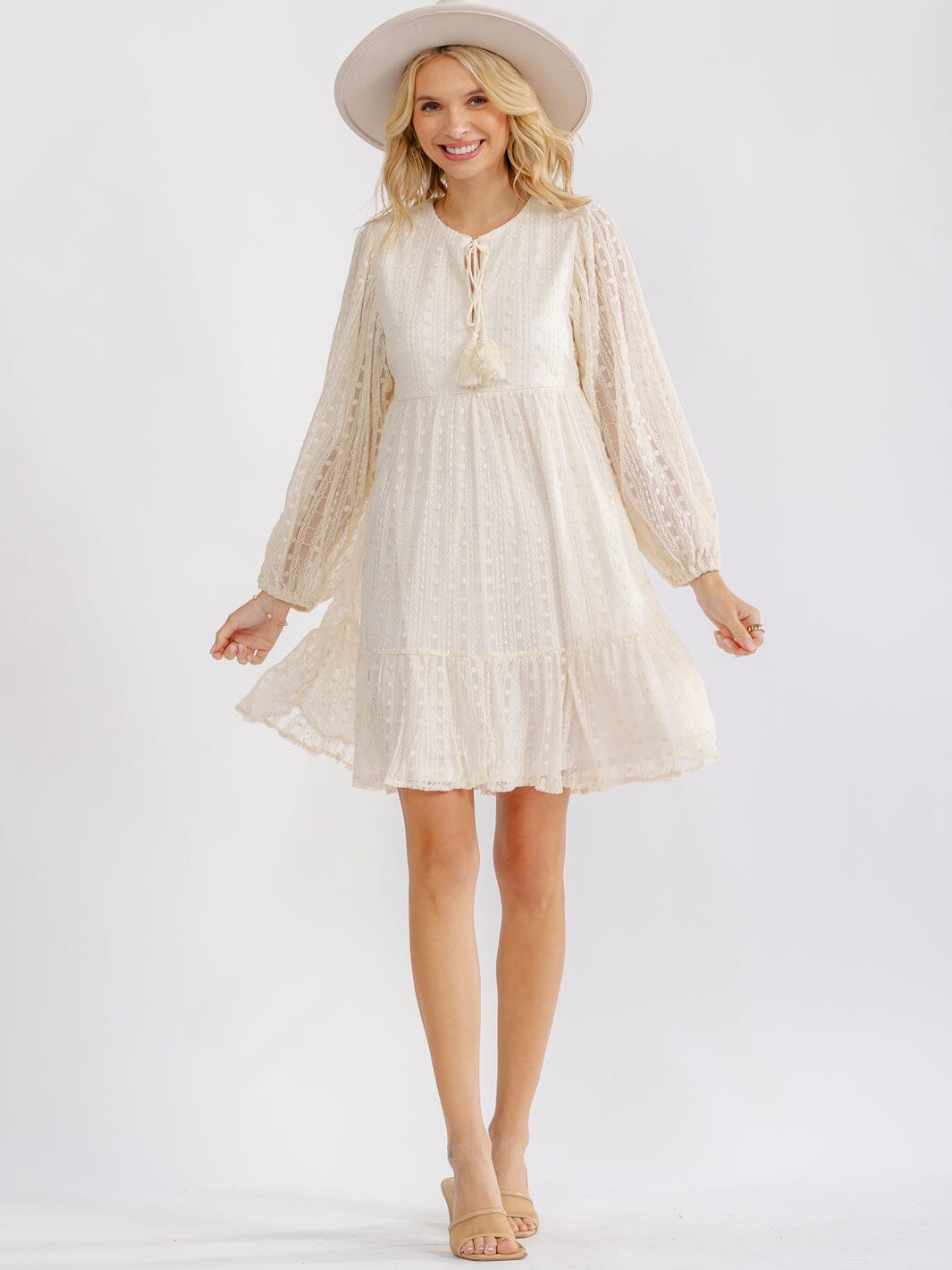WOMEN'S LONG SLEEVE BUTTON UP LACE LOOSE FIT MINI DRESS