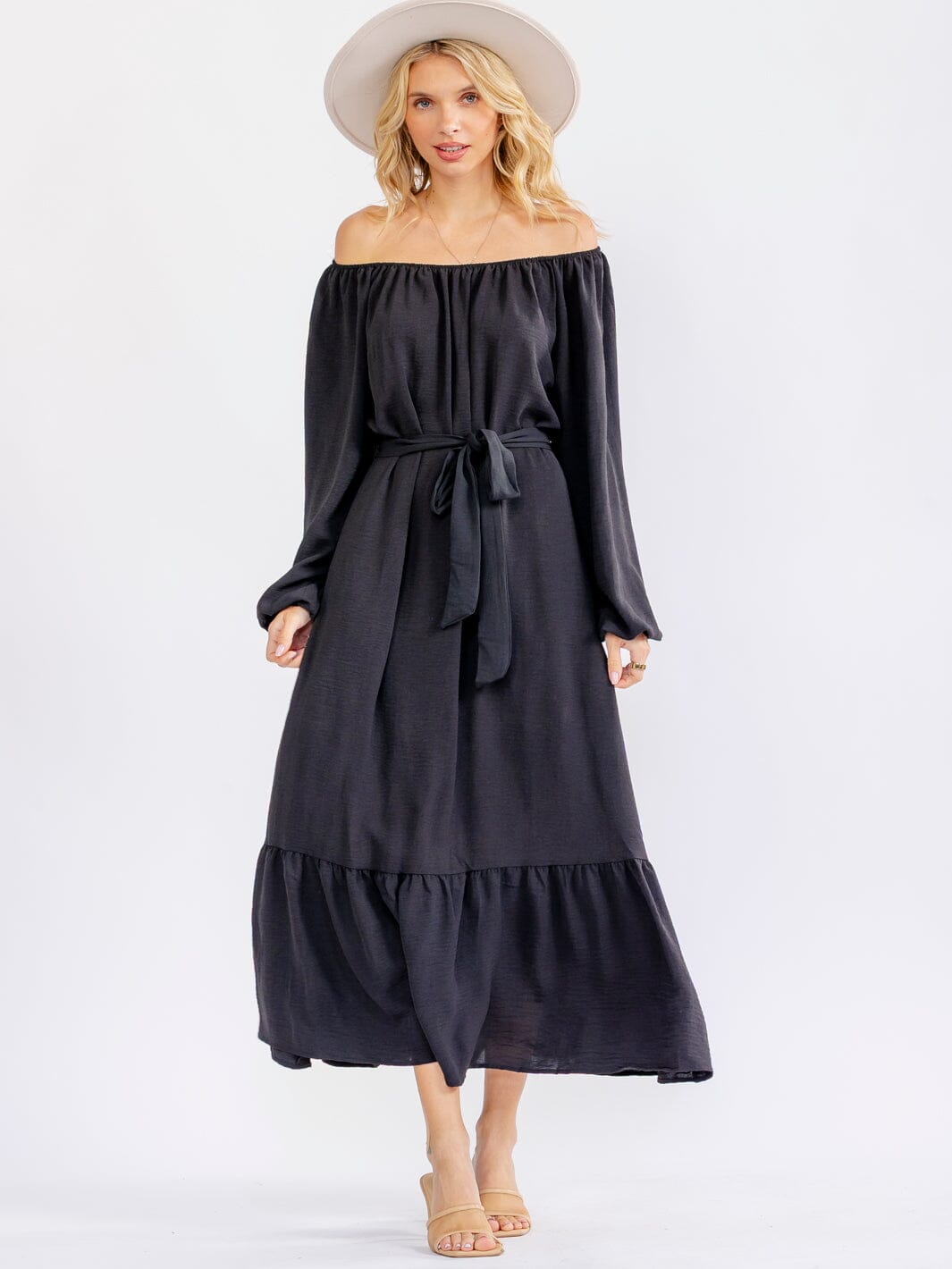 WOMEN'S OFF SHOULDER LONG SLEEVE SELF TIE MAXI DRESS